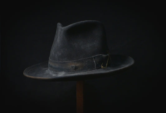 Distressed black fur felt fedora made to measure